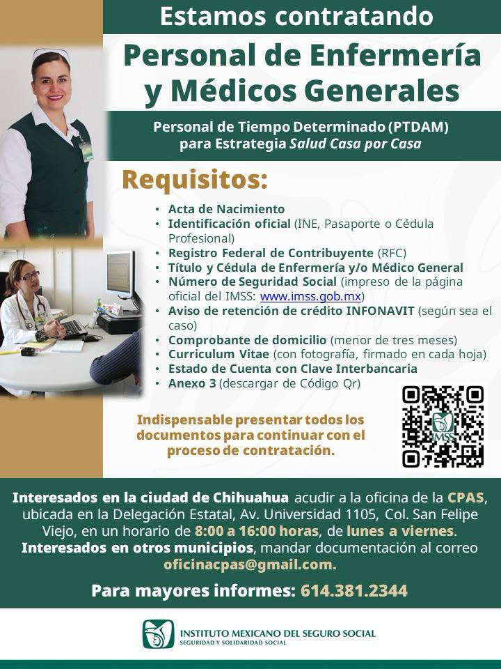 Abre IMSS Chihuahua convocatoria para contratación temporal de personal médico y de Enfermería para Estrategia Salud Casa por Casa