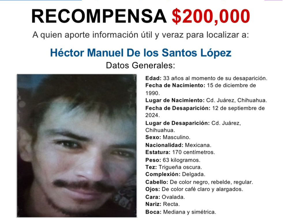 Ofrecen recompensa de 200 mil para localizar a Héctor Manuel De los Santos López