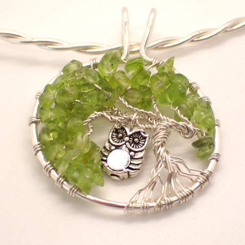 Peridot Tree of Life with Owl Charm Pendant Whittle Wire