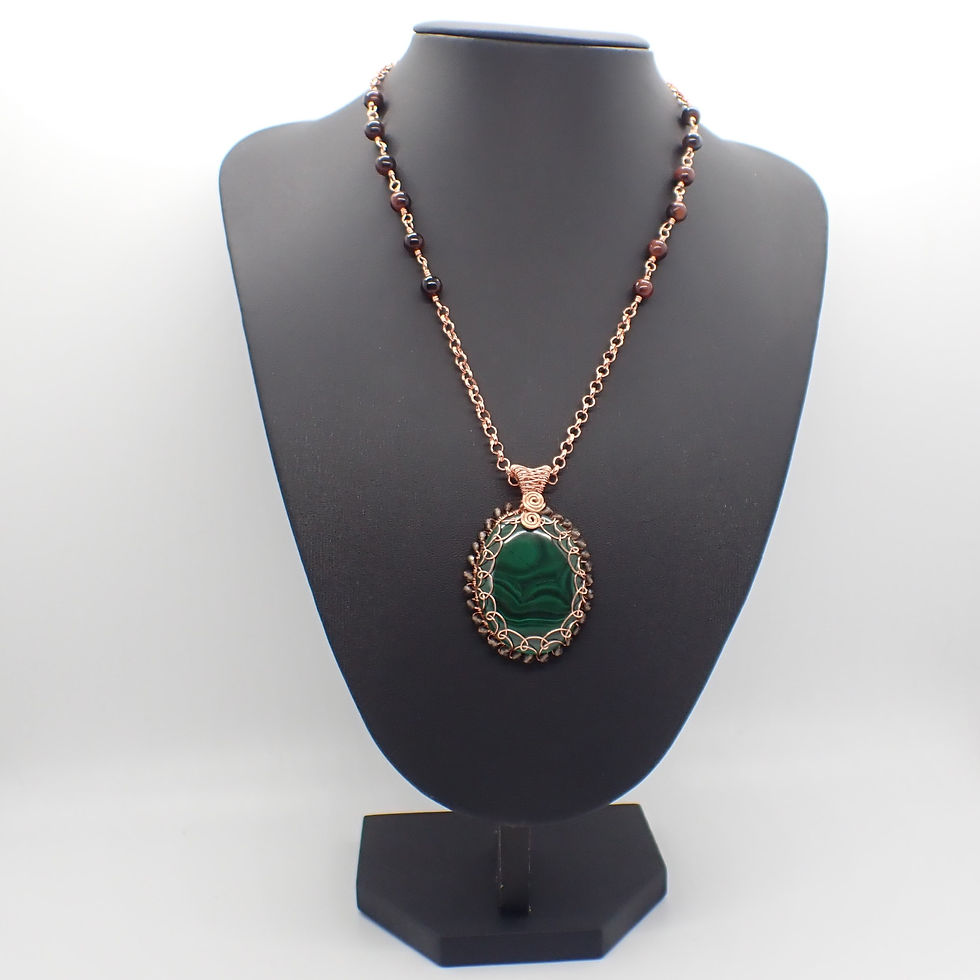 Evergreen Collection: Wire Netted Malachite Cabochon and Red Tiger's Eye Chain