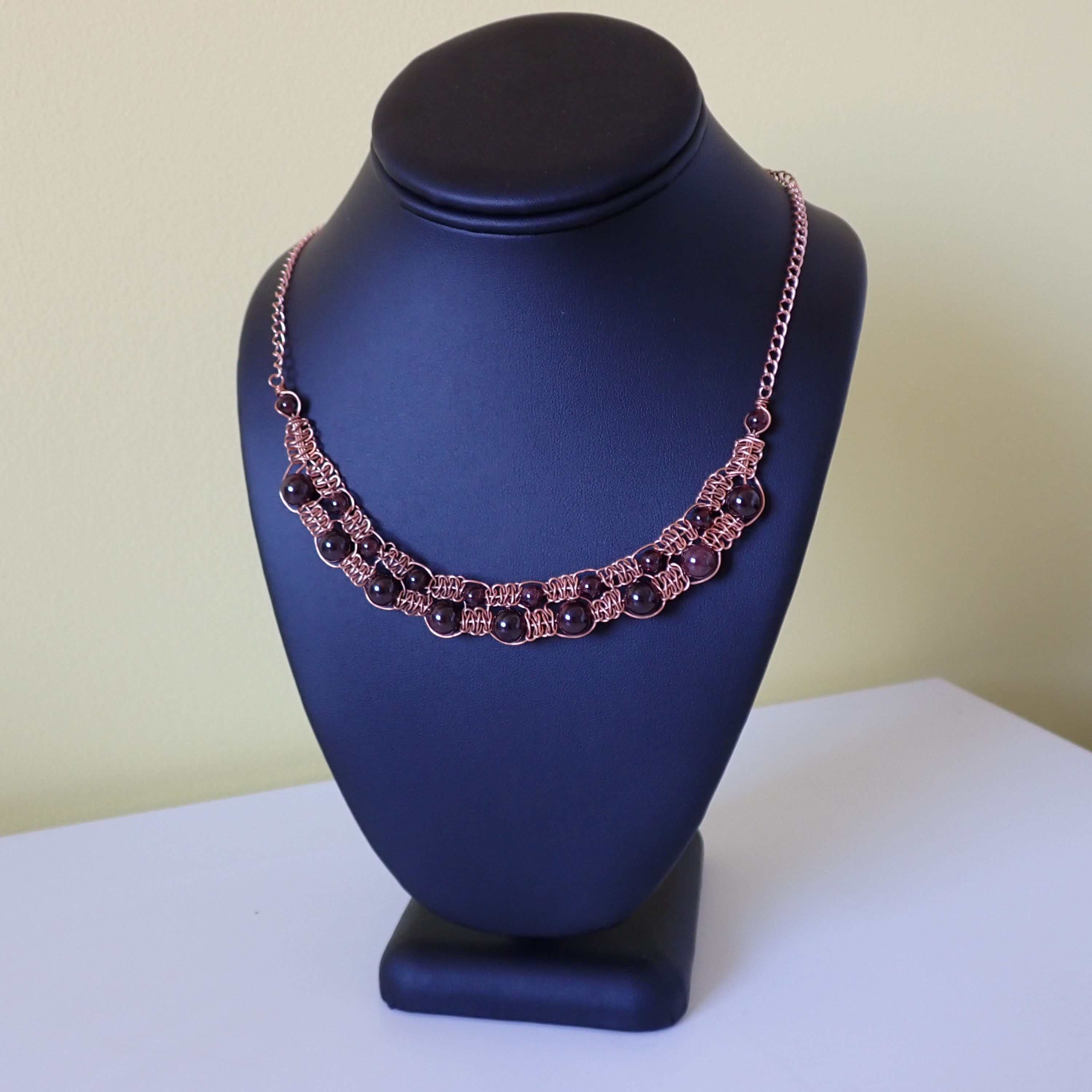 Copper Wire Macrame Bib-Style Necklace with Garnets
