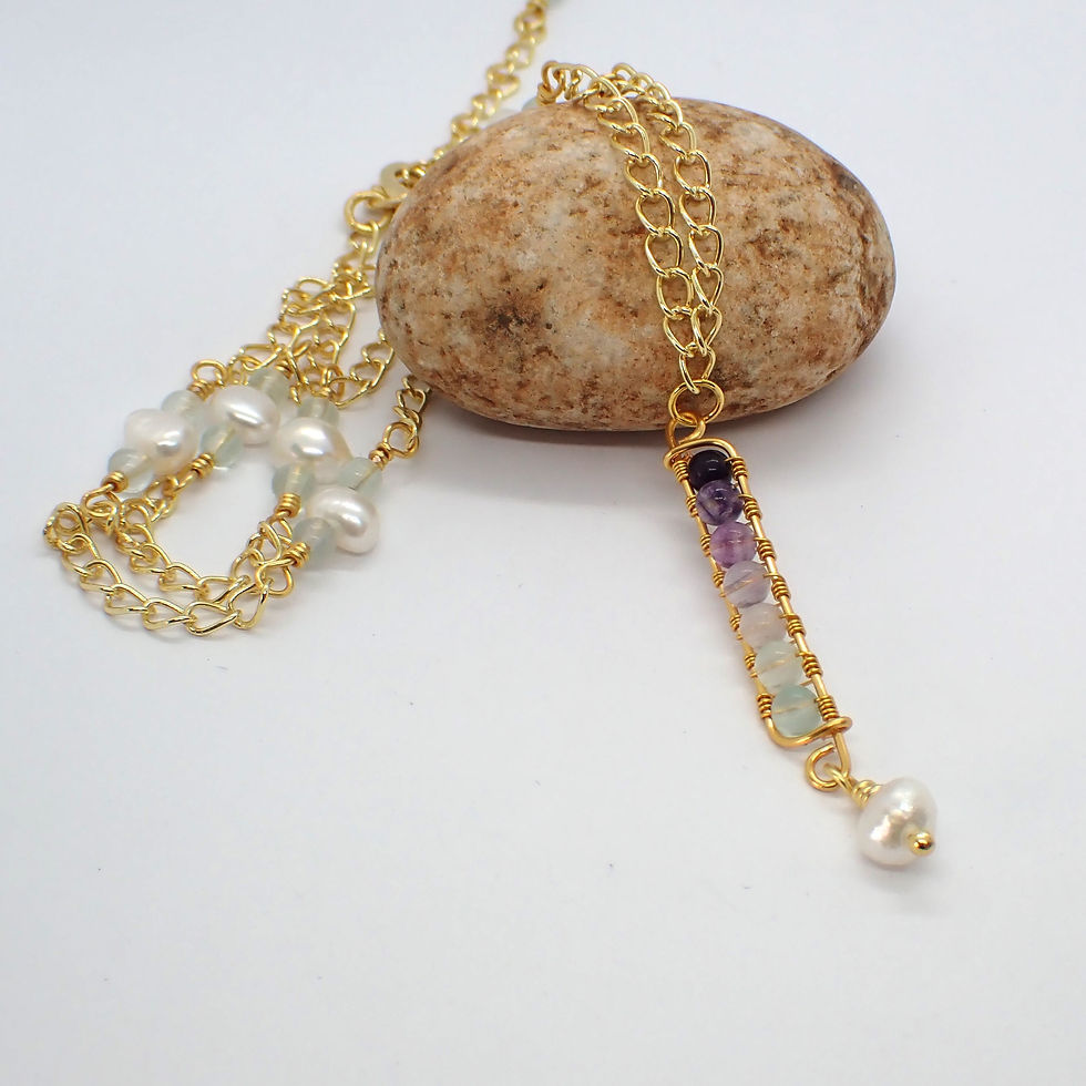 Channel-Set Style Fluorite Bead Bar with Pearls Necklace