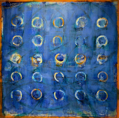 'Game Theory Blue' is an abstract art painting by John Cromwell that features multiple acrylic paint layers that peek out from behind a dark blue foreground.