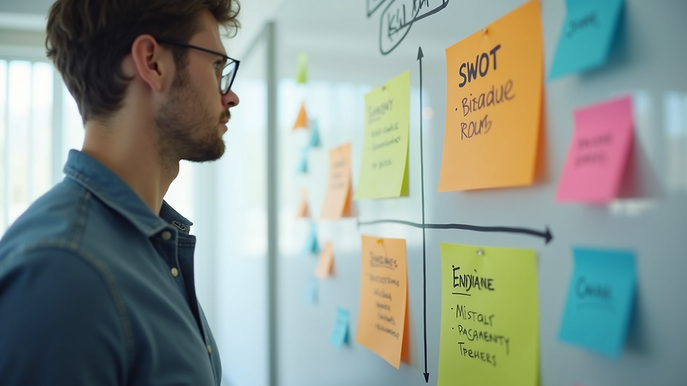 High angle view of a SWOT analysis chart on a whiteboard with colourful sticky notes