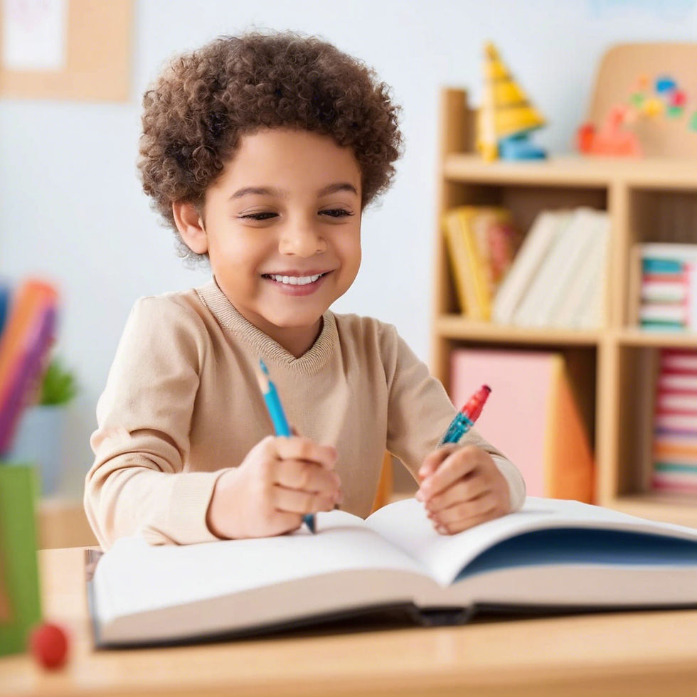 Smiling child in beige sweater writes in a book at a colorful classroom desk, with shelves of books and toys in the blurred background.