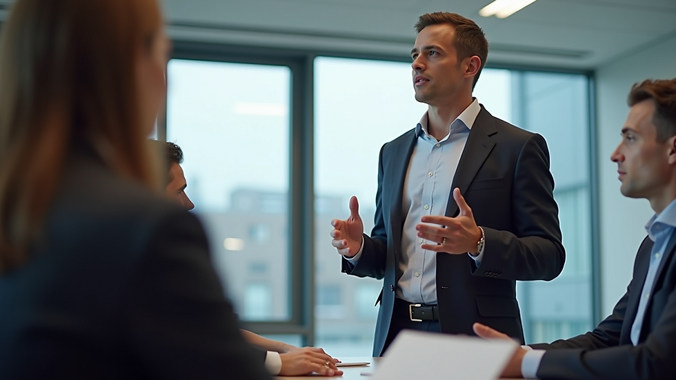 Eye-level view of a business consultant presenting growth strategies to a UK-based company