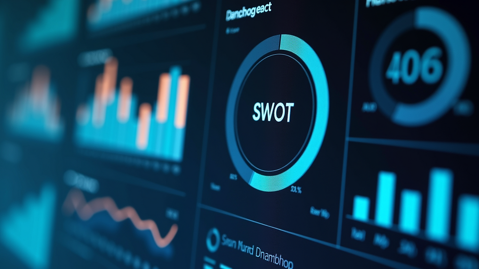Close-up view of a digital dashboard displaying business analytics and SWOT metrics