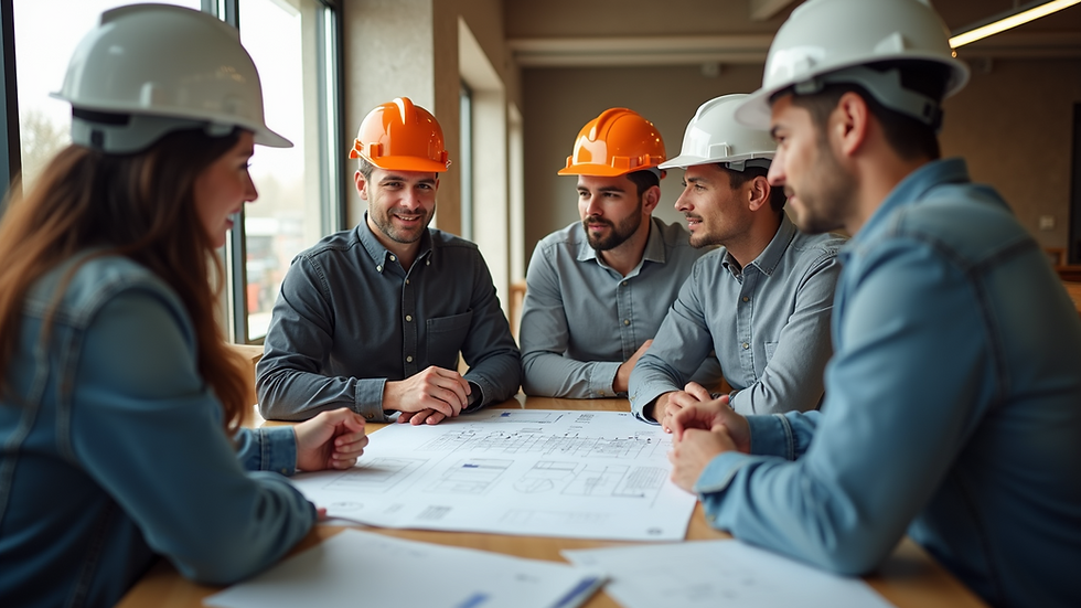 Eye-level view of a construction team discussing project plans