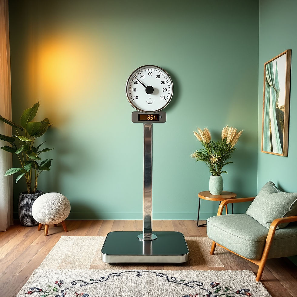 weight loss scale in a consultation suite featuring clean white lines, soft eucalyptus green accents, and warm golden lighting.