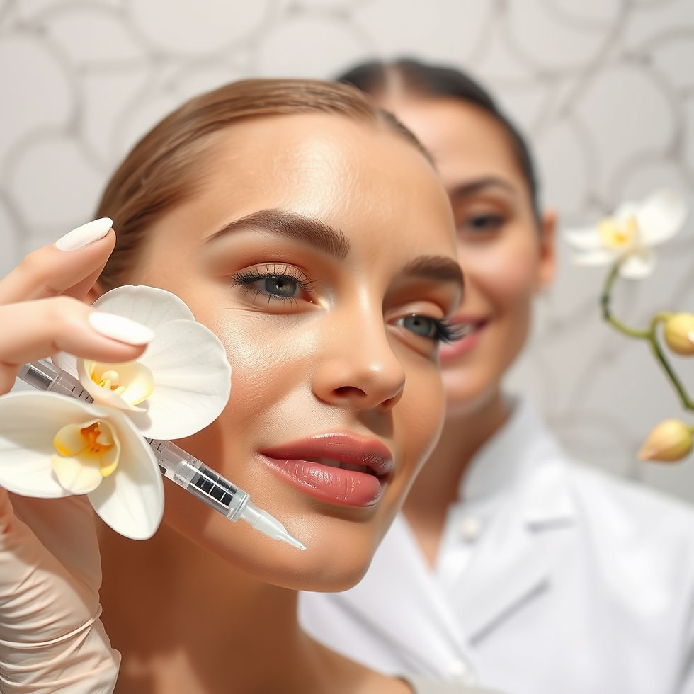 A close-up, high-fashion aesthetic shot showcasing radiant, luminous skin with a completely natural, soft-focus finish. In the background, a modern medical aesthetic clinician holds a sleek, silver syringe with a gentle, reassuring smile. The setting features soft neutral tones, marble textures, and fresh white orchids, embodying clean medical luxury