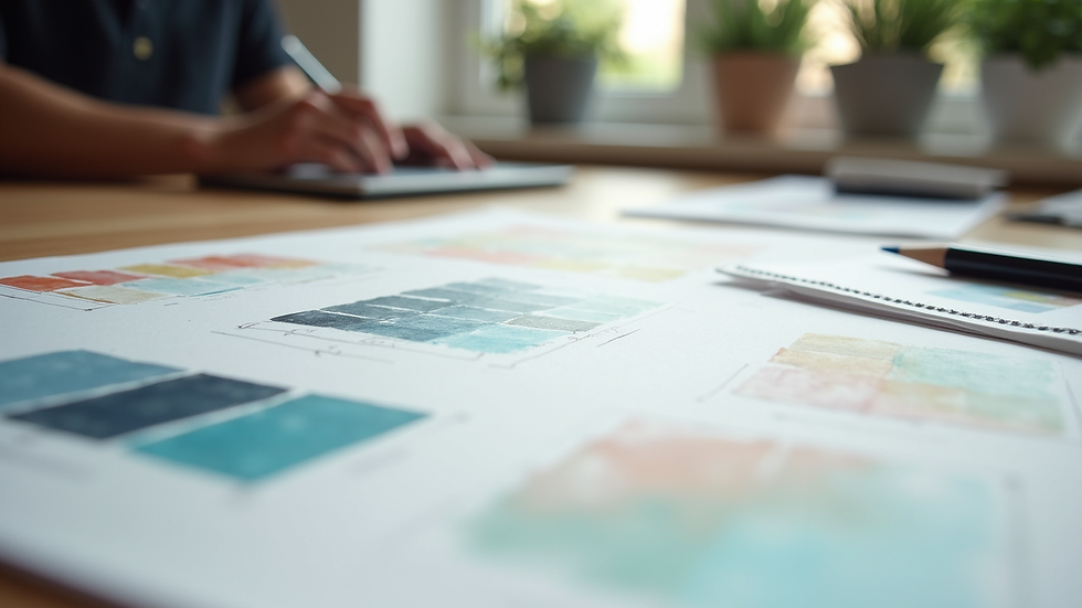 Close-up view of a designer’s desk with sketches and color swatches for website branding