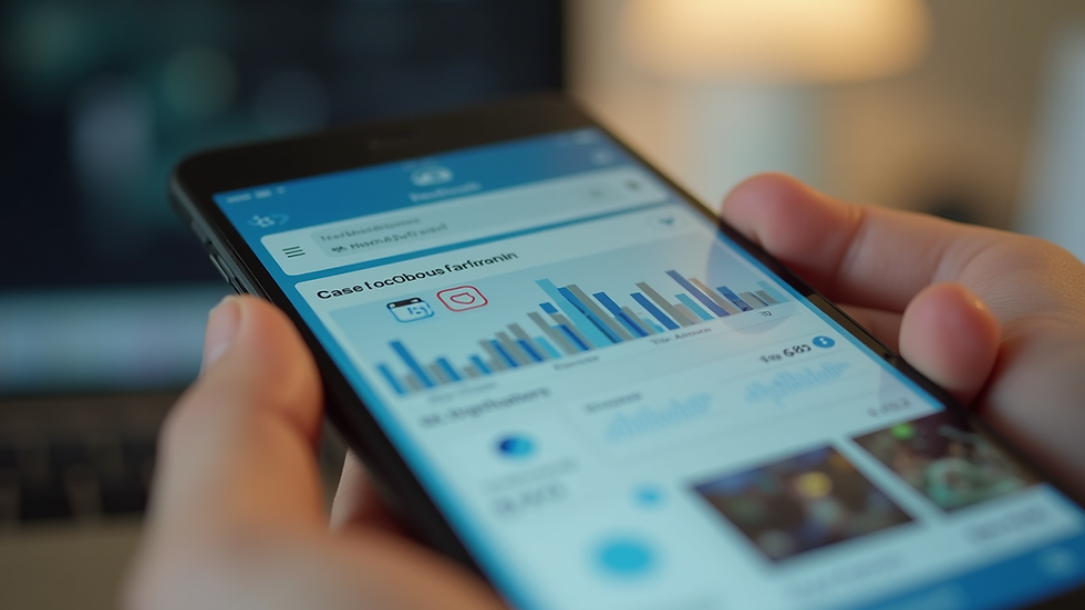 Close-up view of a smartphone displaying a social media ad campaign dashboard