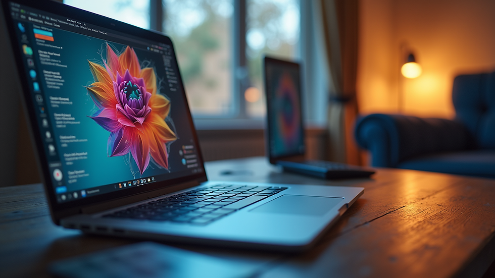 Eye-level view of a laptop displaying a colorful, modern website design