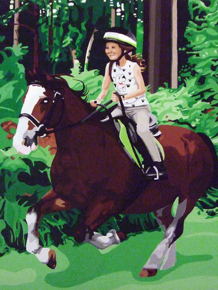 Painting of a young girl riding her pony.