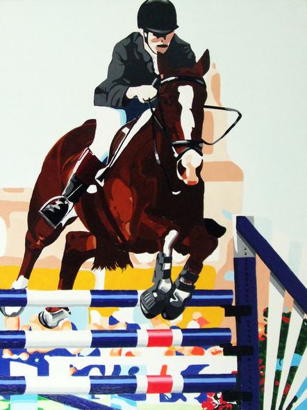 Painting of a horse rider jumping a fence at a showjumping competition