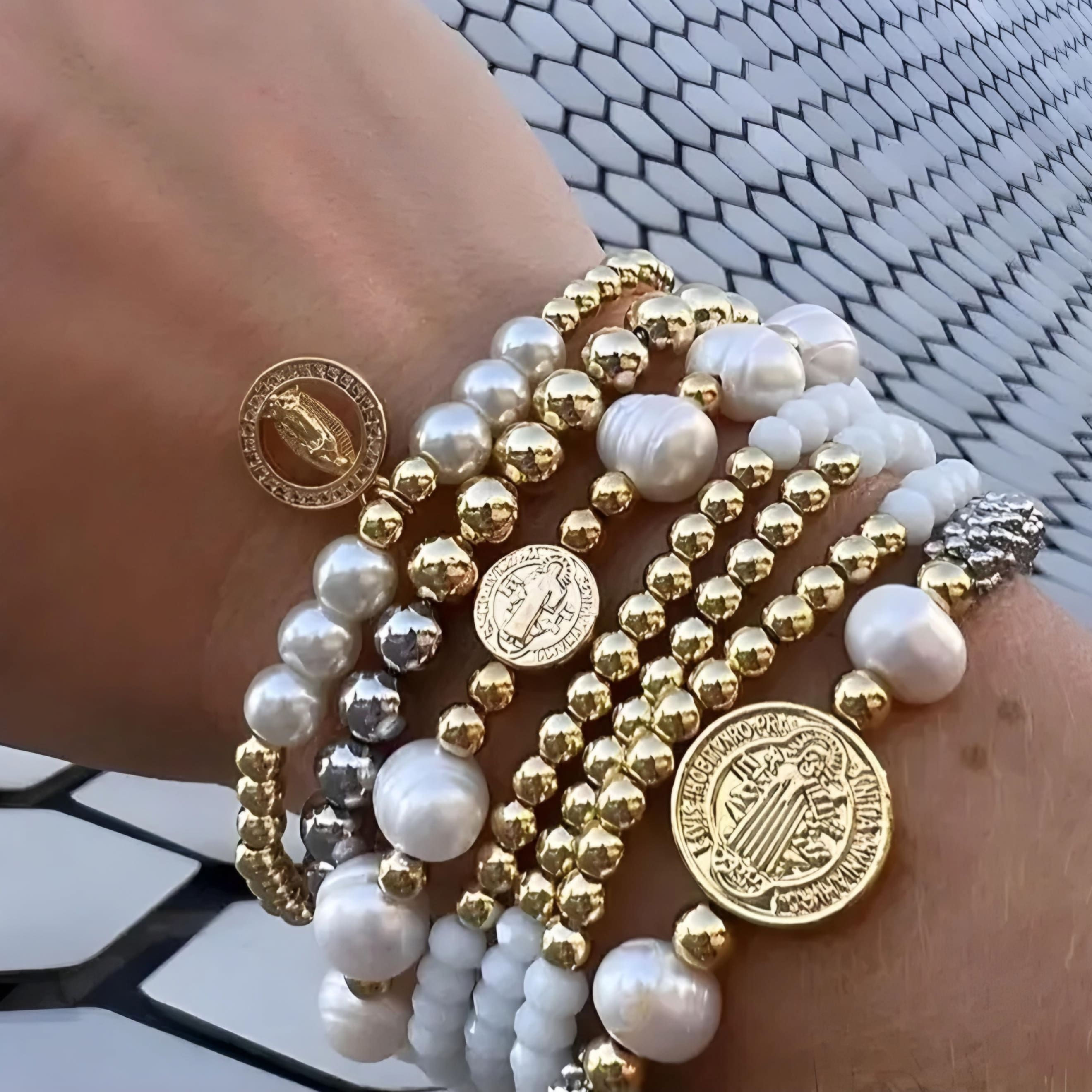 Coin/Pearl Stack Bracelet- Klassy Rounds