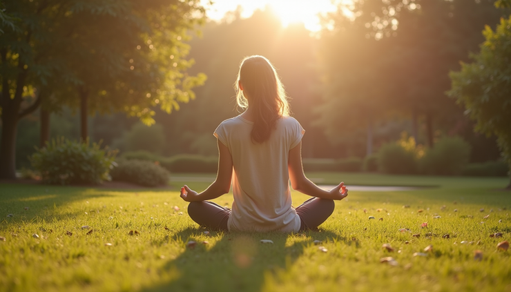 Eye-level view of a person meditating in a peaceful garden with soft sunlight