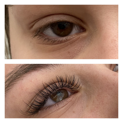natural lash extensions client wearing classic lashes before and after