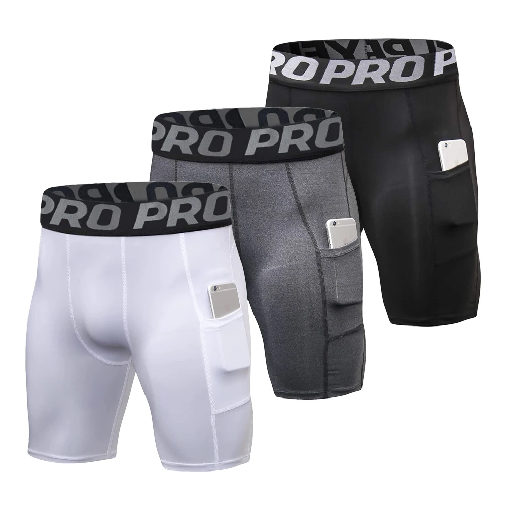Mens Gym Shorts with Pockets Workout Compression Leggings for Men Polyester Boxe