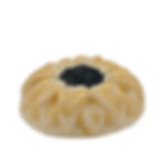 sapone artigianale a forma di girasole color beige chiaro con un centro color nero e petali di pigmenti colorati d'oro