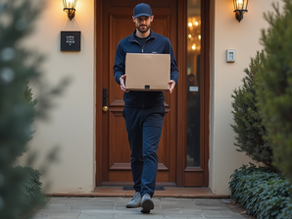 Vista a livello degli occhi di un corriere che si allontana con un piccolo pacco davanti a una porta.