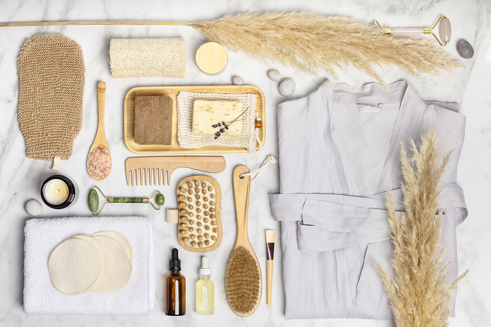 Natural SPA composition with linen bathrobe and cosmetic products, eco friendly no plastic
