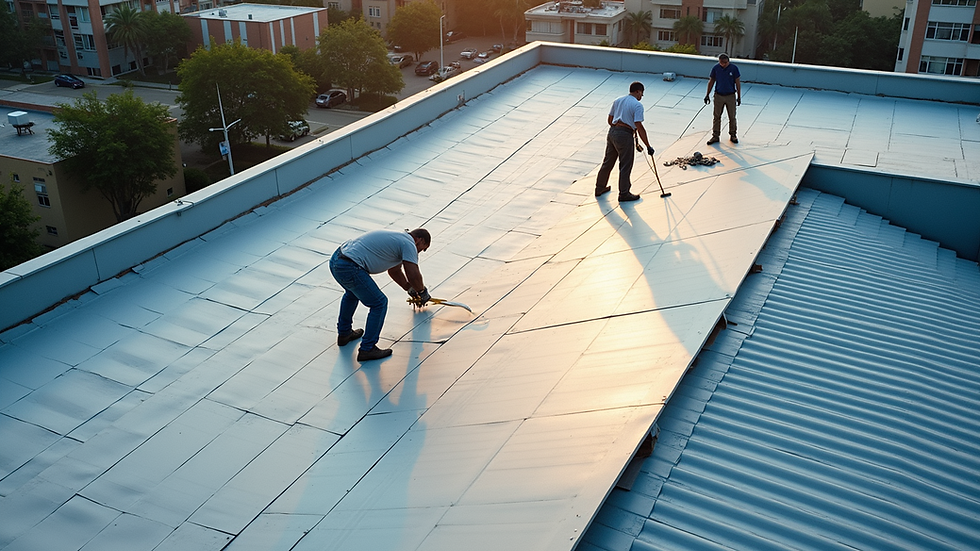 High angle view of a commercial roof with workers installing new roofing material
