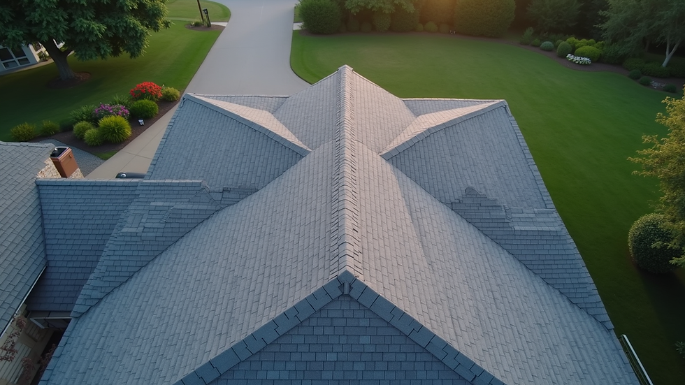 High angle view of a completed residential roof with new shingles