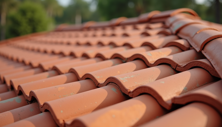 Eye-level view of a newly installed terra cotta roof on a residential home in Port St. Lucie