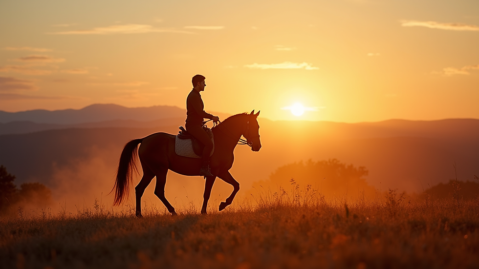Weitwinkelaufnahme eines Reiters auf einem Pferd vor einer toskanischen Landschaft bei Sonnenuntergang