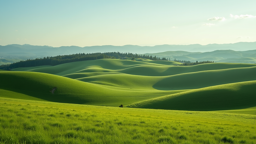 Weitwinkelaufnahme einer grünen Maremma-Landschaft mit sanften Hügeln und Pinien