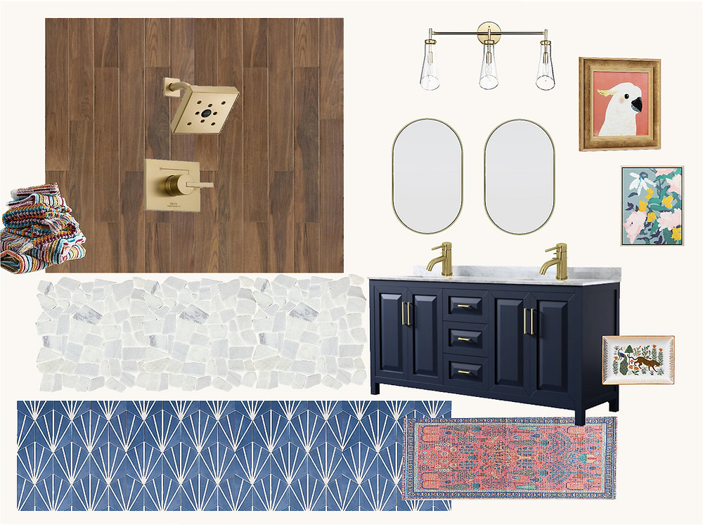 Bathroom design idea with wood look and geometric tile, colorful art, towels, and bath mat.
