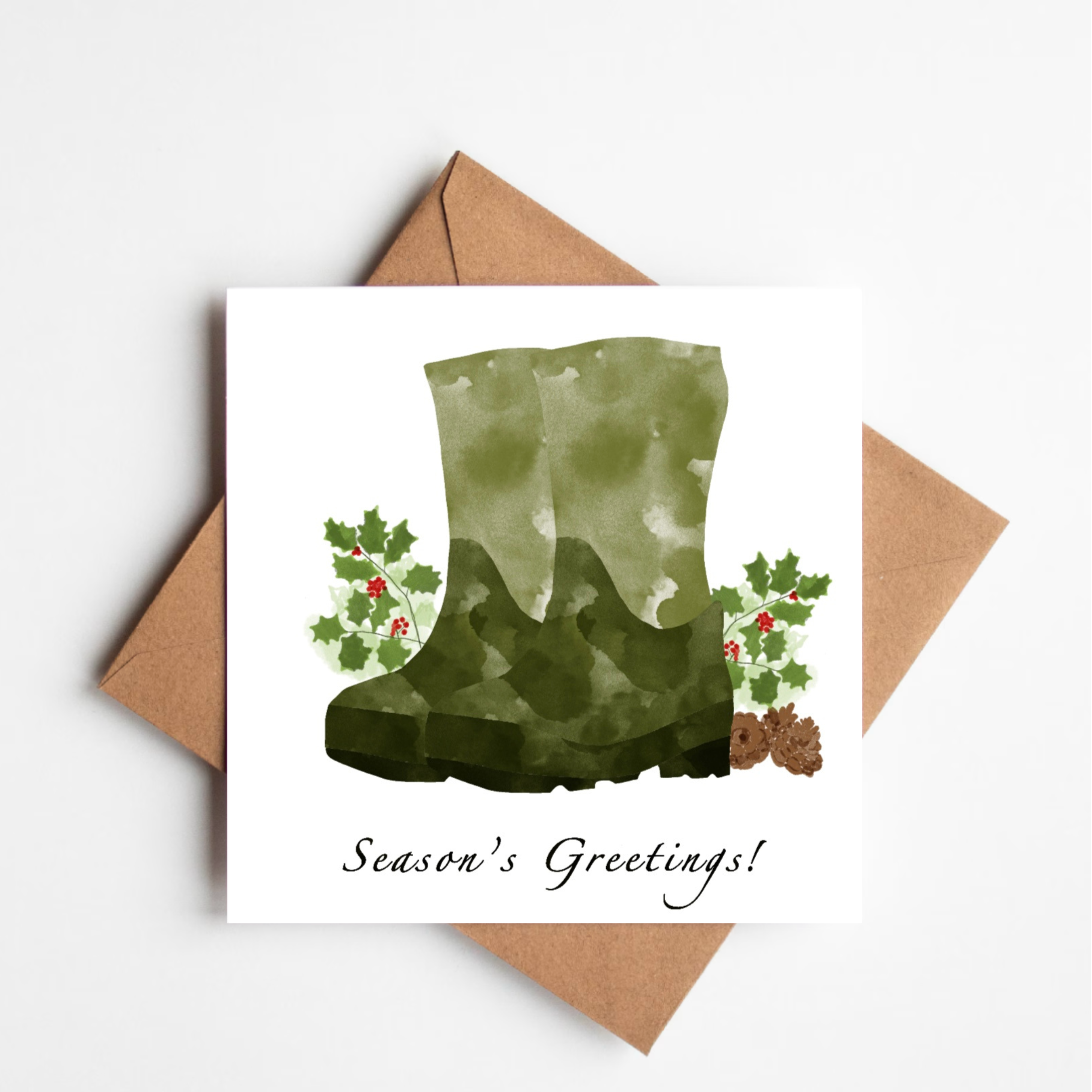 Christmas Card - Holly & Pinecone Wellie Boot