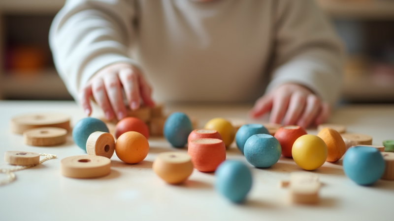 Child's hands playing with colorful Montessori beads and rings. We are following the Montessori Philosophy through Adulthood