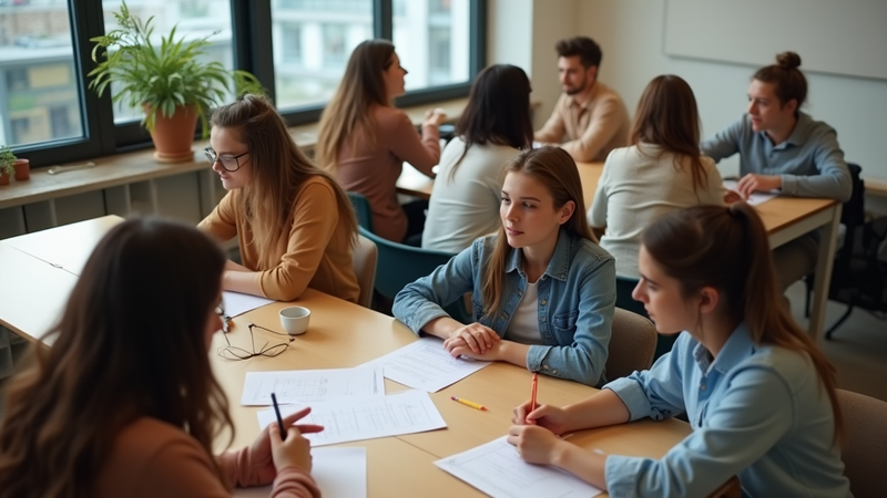 Young adults collaborating on academic pathways in a classroom setting