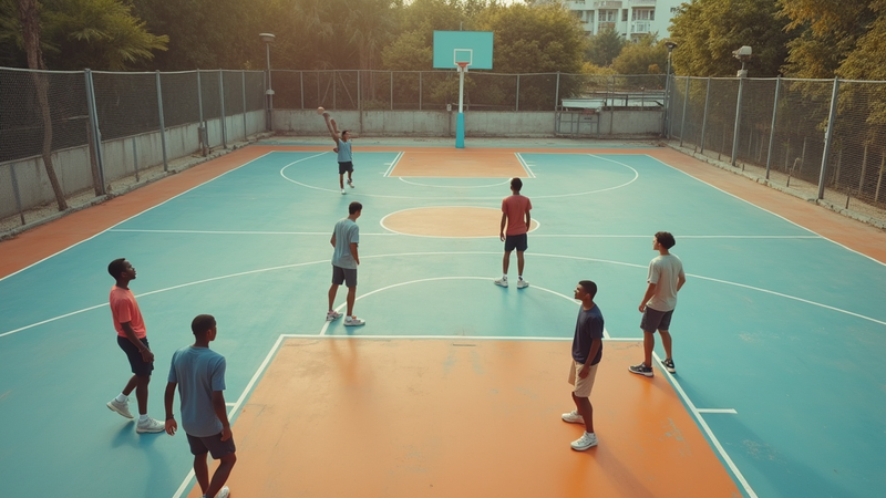 Young men playing basketball on an outdoor court (Exercise, recreation, part of daily routine)
