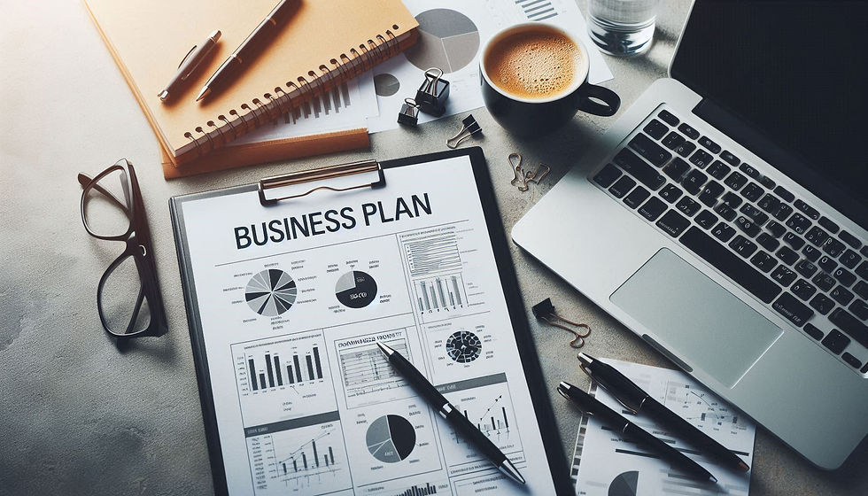 A business plan on a desktop with a laptop, glassess, pen, notebook