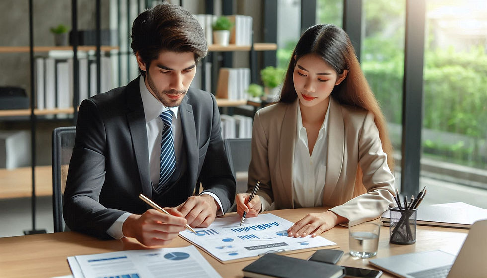A bussiness man disscussing a business plan with a business woman