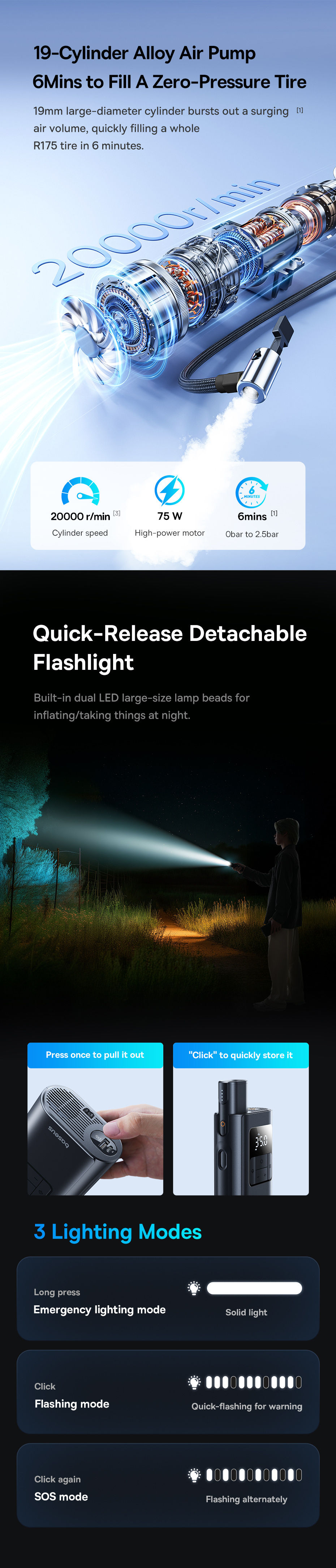 Thumbnail: Baseus Wired/Wireless Car Air Pump with Dethable Flashlight 2 in 1 Portable Air 
