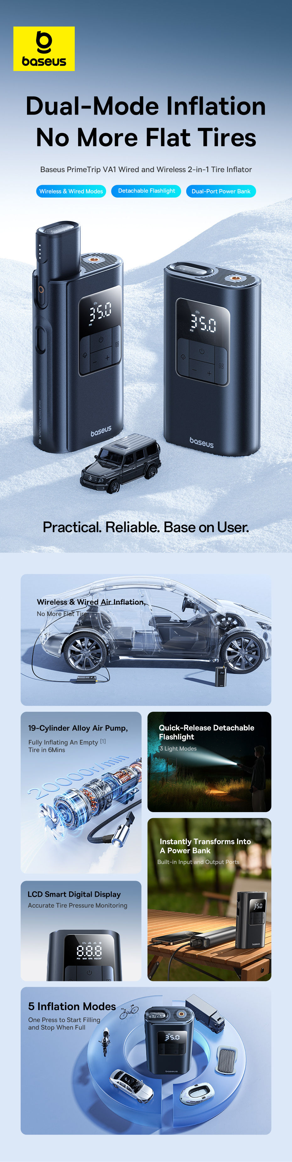 Thumbnail: Baseus Wired/Wireless Car Air Pump with Dethable Flashlight 2 in 1 Portable Air 