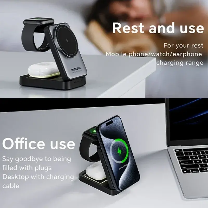 Thumbnail: 3 In 1 Magnetic Wireless Charger Stand For Magsafe iPhone 13 14 15 16 apple Watc