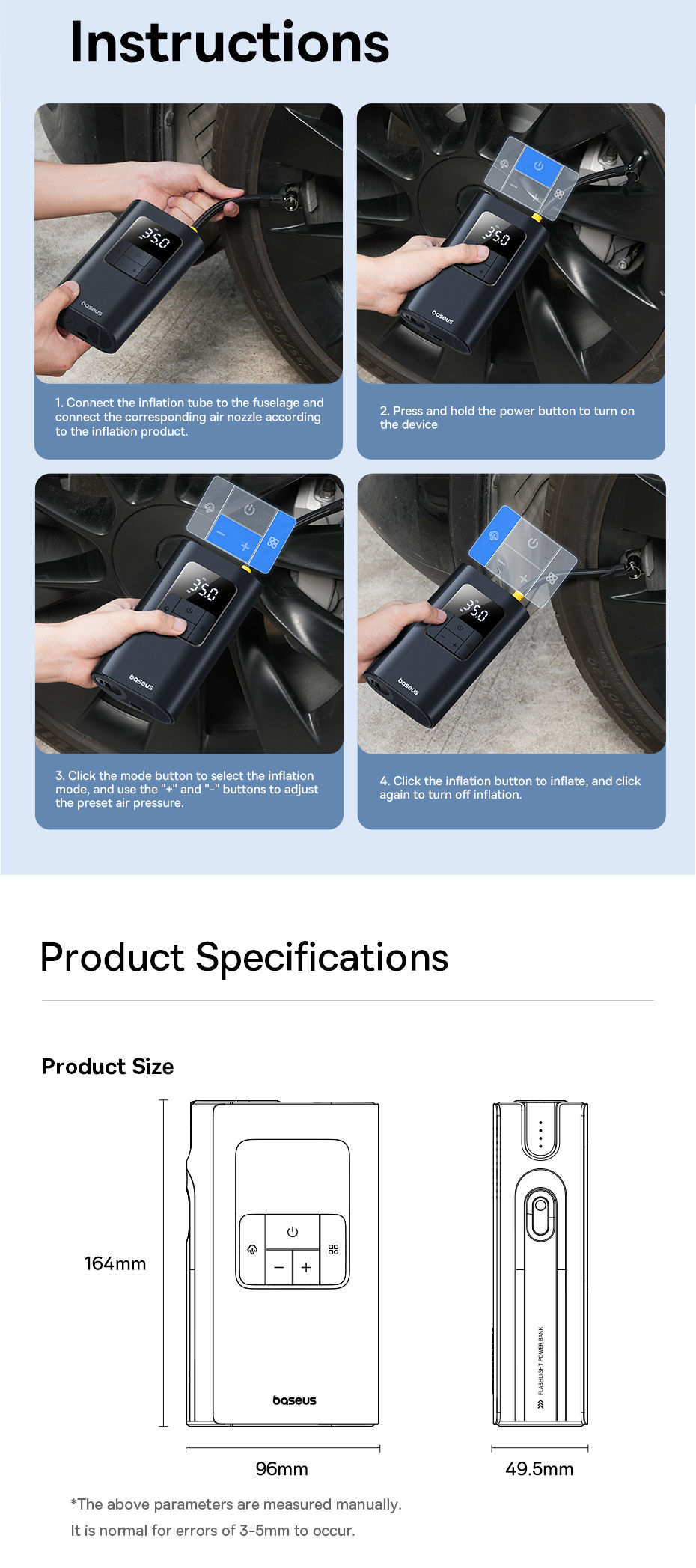 Thumbnail: Baseus Wired/Wireless Car Air Pump with Dethable Flashlight 2 in 1 Portable Air 