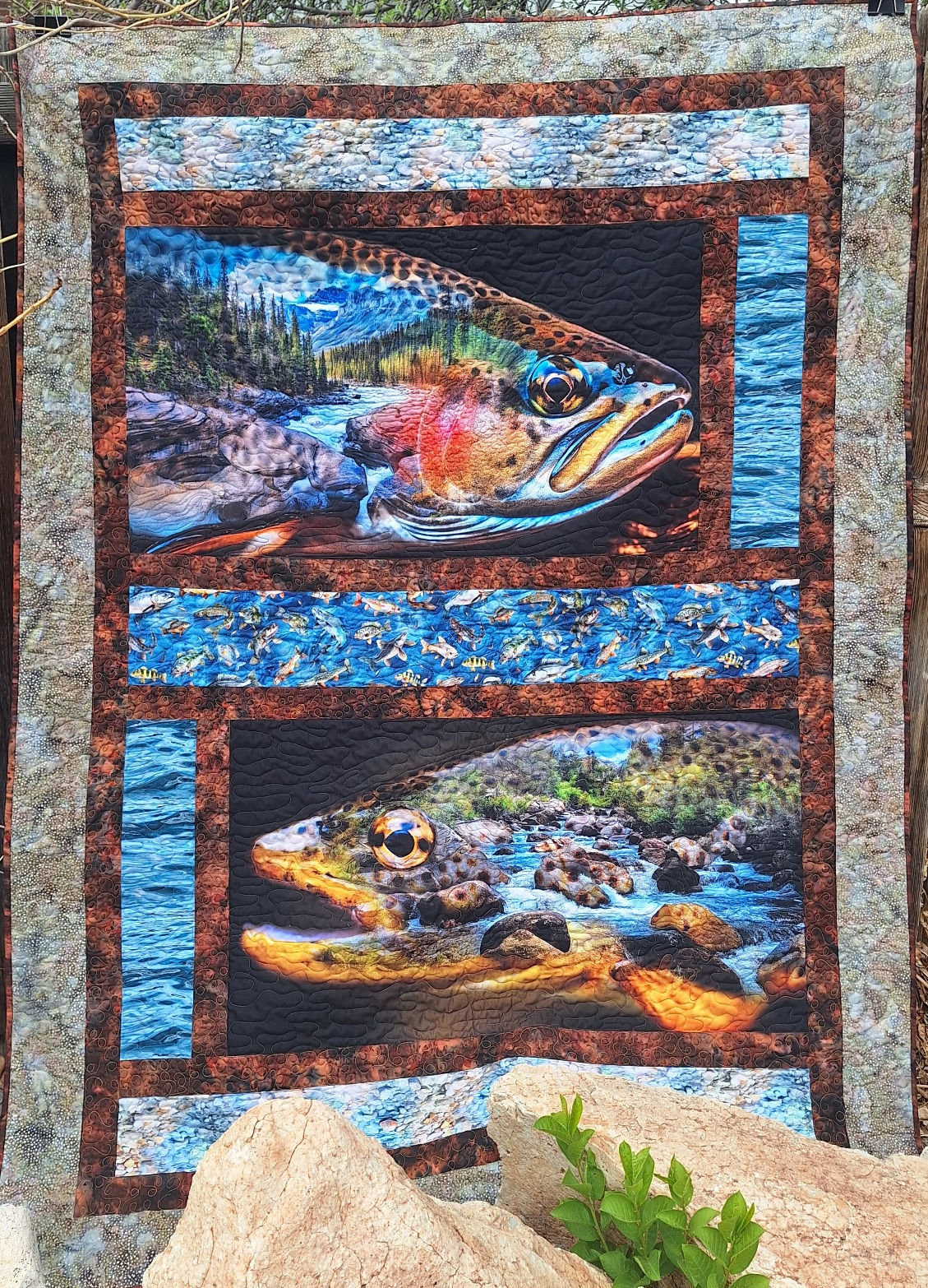 Parity, a beginner friendly panel quilt using Hoffman Trout About fabric