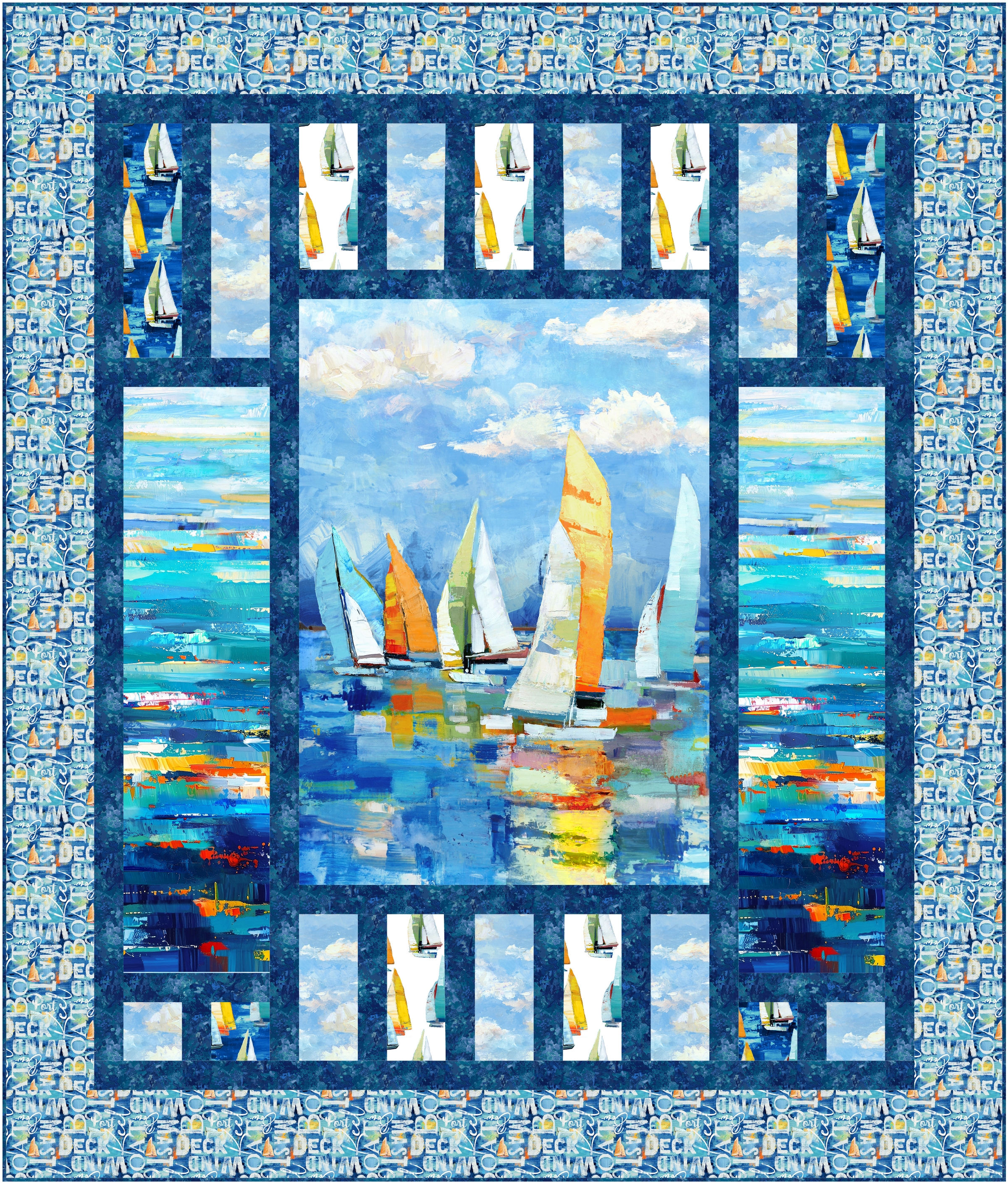 Triad, a Quilting Renditions sized confident beginner panel quilt, made with Northcott Regatta fabric.