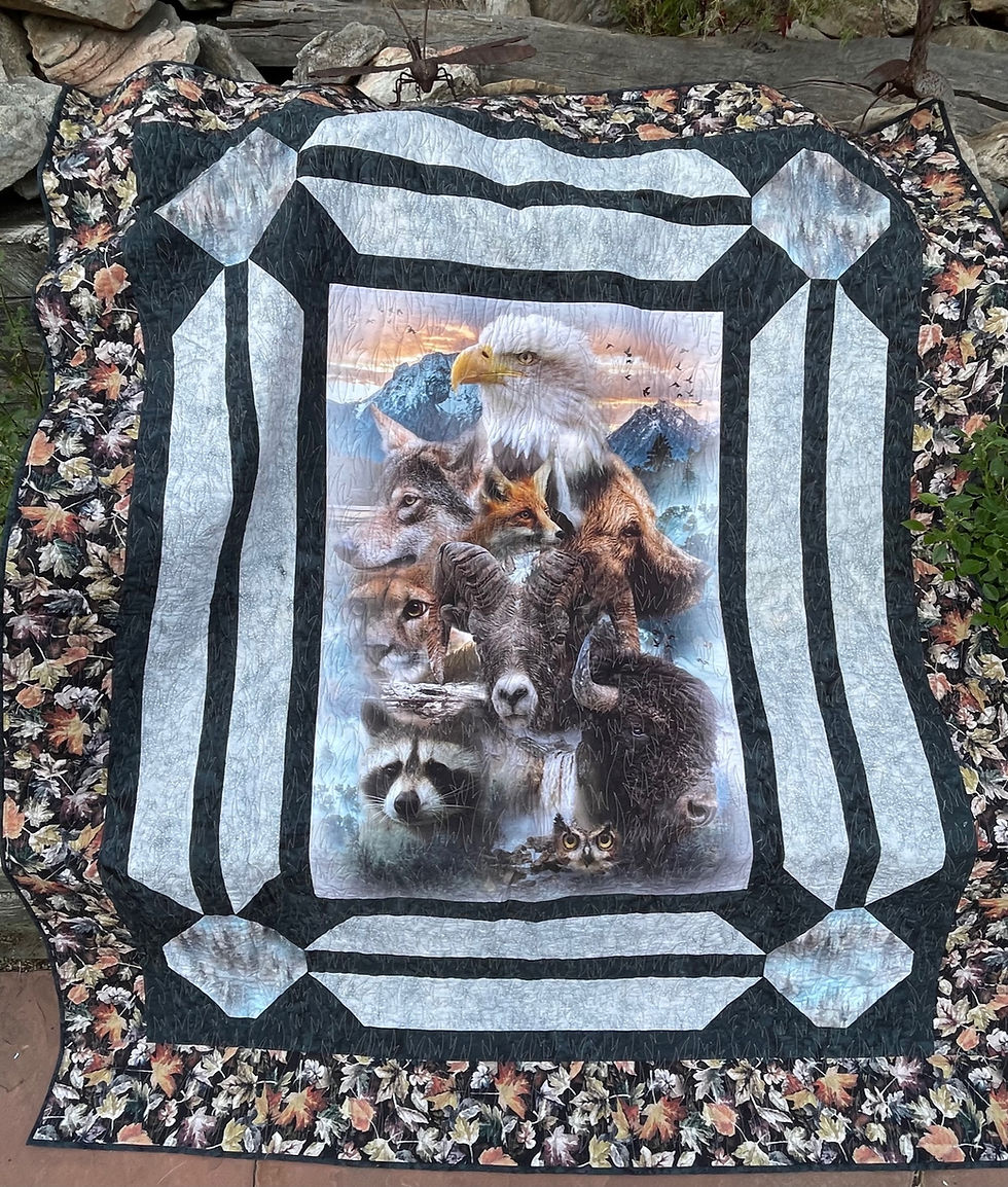 Thumbnail: Sliders, an adaptable intermediate panel quilt written made with Hoffman Call of the Wild Collage fabric