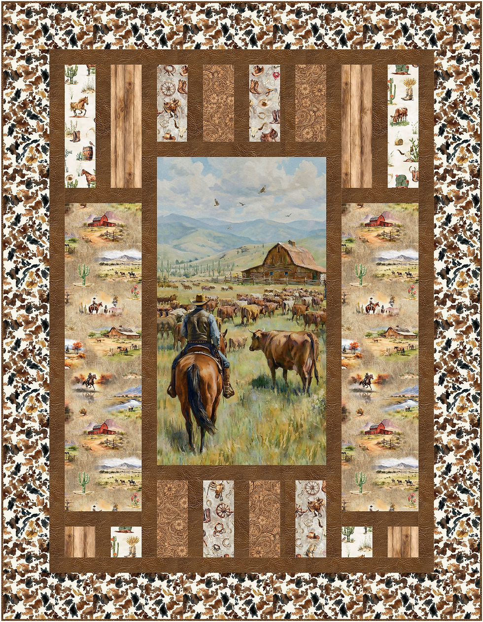 Thumbnail: Triad, a Quilting Renditions sized confident beginner panel quilt, made with Hoffman Cheyenne fabric.