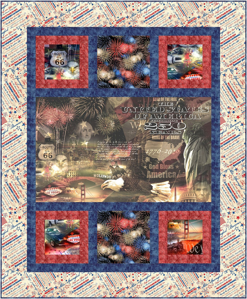 Thumbnail: Bayside, a beginner friendly panel quilt made with Hoffman Freedom Ring fabric.
