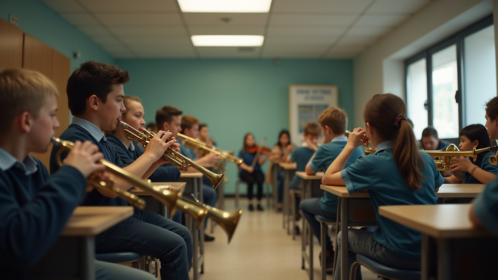 Eye-level view of a music classroom with students playing instruments