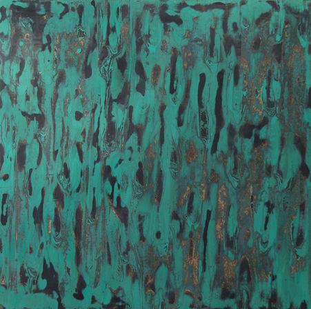 Émeraude corrodée -Texture sur une base de sabi tsuke teinté de noir, vert émeraude et poudre de cuivre