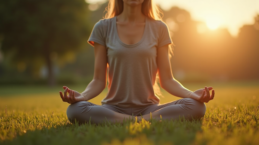Close-up view of a person meditating in a serene outdoor setting